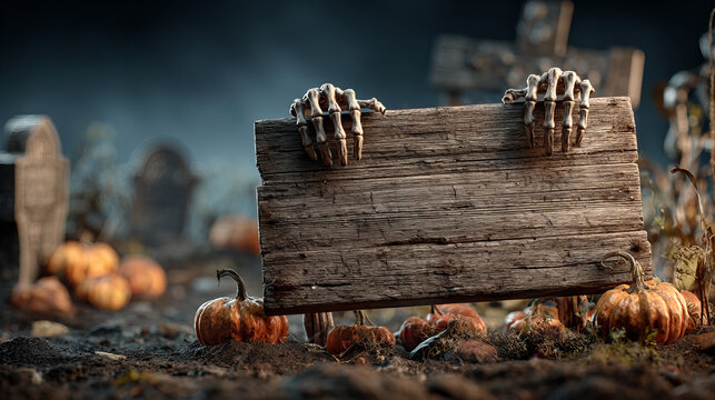 Halloween pumpkins with skeleton hands in wooden crate at graveyard with tombstones and autumn atmosphere