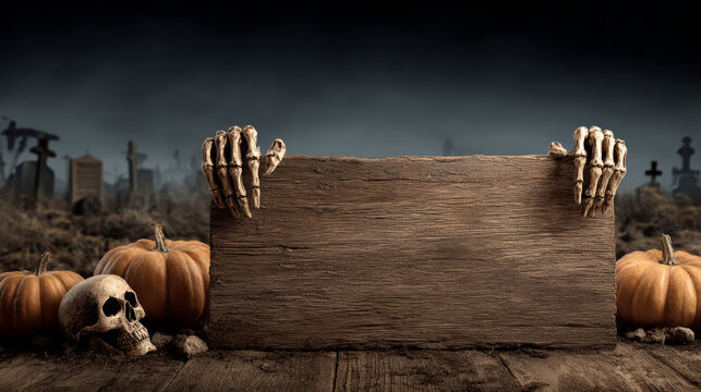 Halloween pumpkins with skeleton hands in wooden crate at graveyard with tombstones and autumn atmosphere