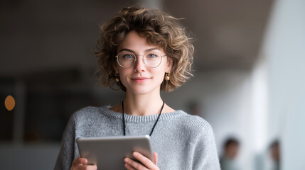 Obraz premium Engaged young woman using tablet in modern office space lifestyle