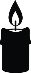 Solid black silhouette of a burning candle with flame, clean vector, white background, isolated 