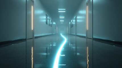 Luminous Corridor with Levitating Elements and Split Design Featuring Iconic Features in a Futuristic Setting