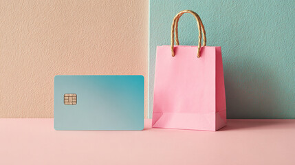 Blank Credit Card Mockup on Pastel Surface with Shopping Bag, Ideal for E-commerce and Marketing Material Presentation