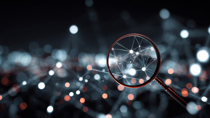 Dark Bay Scene with a Magnifying Glass Hovering Over Abstract Nodes Highlighting Connection in a Digital Environment