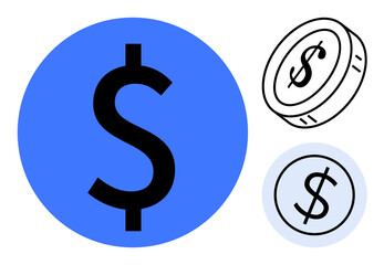 Dollar sign in a blue circle, black coin outline, and coin with soft shadow. Ideal for finance, savings, economy, banking, investment e-commerce payment systems. Simple flat metaphor