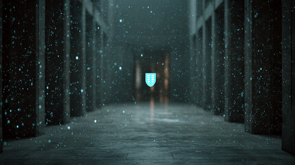 Dark Hallway with Levitating Privacy Shield and Mask Icon Surrounded by Ethereal Particles in a Mysterious Atmosphere
