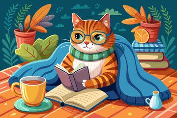 vector of A domestic cat with glasses lying under a blanket and reading a book with a glass and a cup of tea placed next to it...