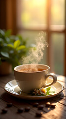 Ceramic mug filled with herbal tea with green plant and window blurred in background