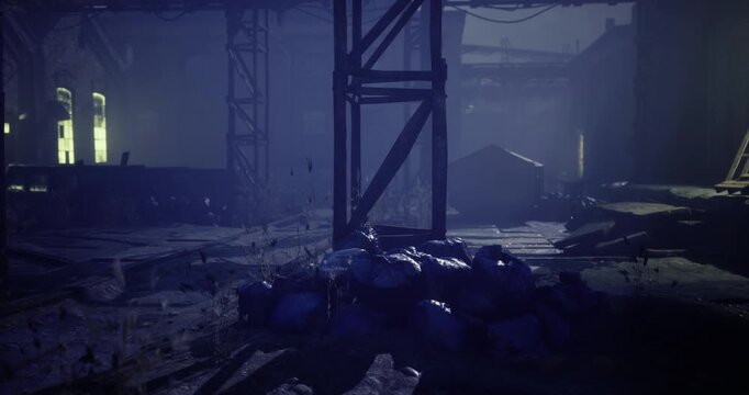 Dimly lit interior of an abandoned warehouse shows broken pallets and scattered debris. Filament bulbs cast eerie shadows over the dusty floor, hinting at past use.