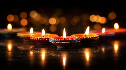 Festive Arrangement of Diwali Diyas Illuminating a Dark Background with Vibrant Warm Lights Creating a Spiritual and Joyful Atmosphere