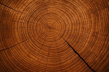 Fototapeta premium Ancient oak tree cross-section revealing intricate growth rings pattern in rich warm wood tones