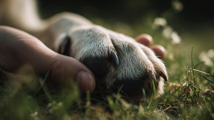 Gentle Canine Paw Resting in Human Hand on Soft Grass, Close-Up of Affectionate Pet Care Moments in Nature