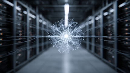 Abstract Representation of Ducted Cooling System in a High-Tech Server Room with Visual Effects and Floating Droplets Above Racks