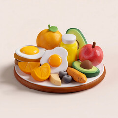 3d fruits and vegetables on a plate in a plastic cartoon style