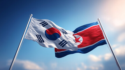 Tension and unity south and north korean flags political landscape sky background national identity