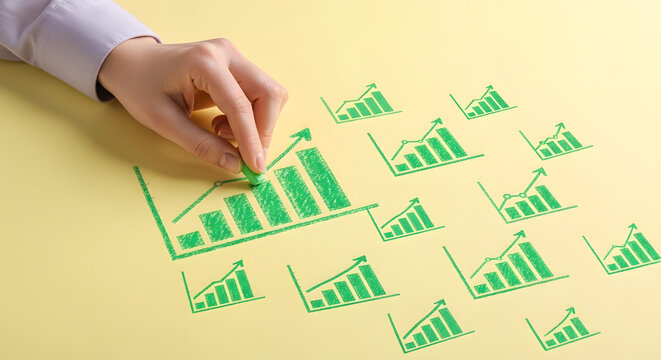 Hand drawing green bar graphs and line charts showing financial growth and positive business trends on a yellow background