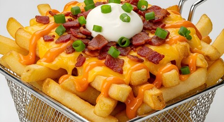 Loded fries on white background.
