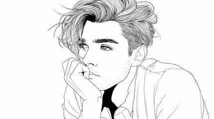 Coloring page with a portrait of a handsome pensive young man