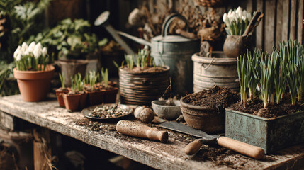 Spring Gardening Setup with Tools, Seedlings, and Pots on a Rustic Potting Bench in a Cozy Greenhouse Environment