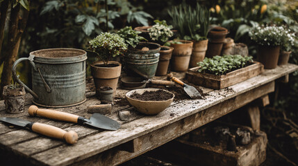 Spring Gardening Setup with Tools, Seedlings, and Pots on a Wooden Potting Bench Surrounded by Lush Greenery