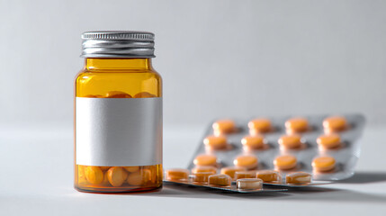 Close-up of a Generic Pill Bottle with Blank Label and Blister Packs of Yellow Tablets on a Soft Gray Background