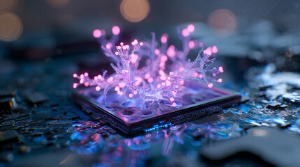 Close-up of a Tiny Holographic Neuron Cluster on a GPU Blade Surface with Soft Bokeh Background
