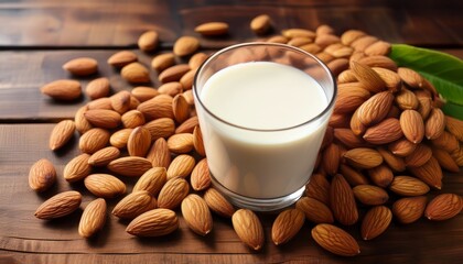 a glass of creamy almond milk surrounded by fresh almonds on a rustic wooden table