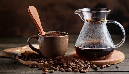 glass coffee carafe with wooden handle sits next to ceramic mug filled with ground coffee wooden spoon and scattered coffee beans add rustic touch