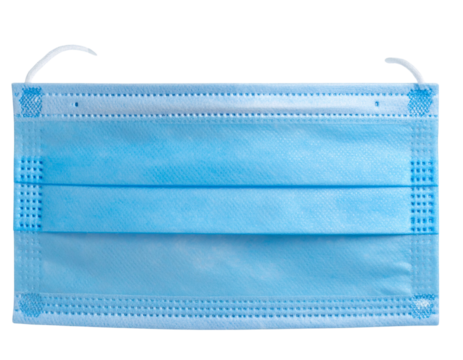 Folded Blue 3-Ply Surgical Mask Lying Flat, Top-Down View, isolated transparent background png