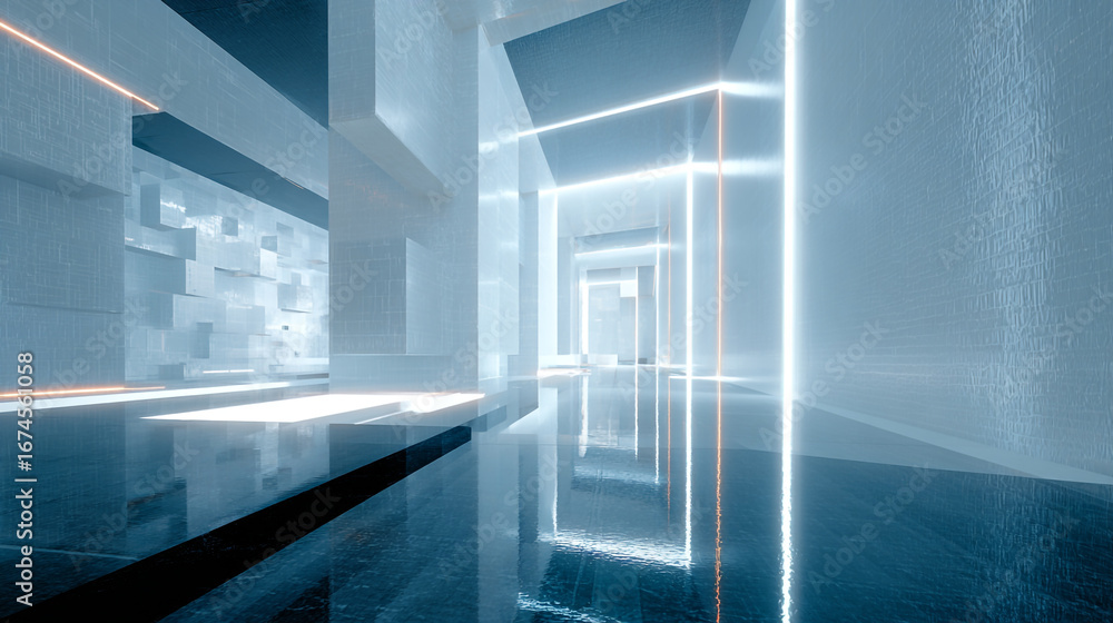 Poster futuristic hyperscale hallway featuring floating voxel data cube in rotating motion with high-tech a