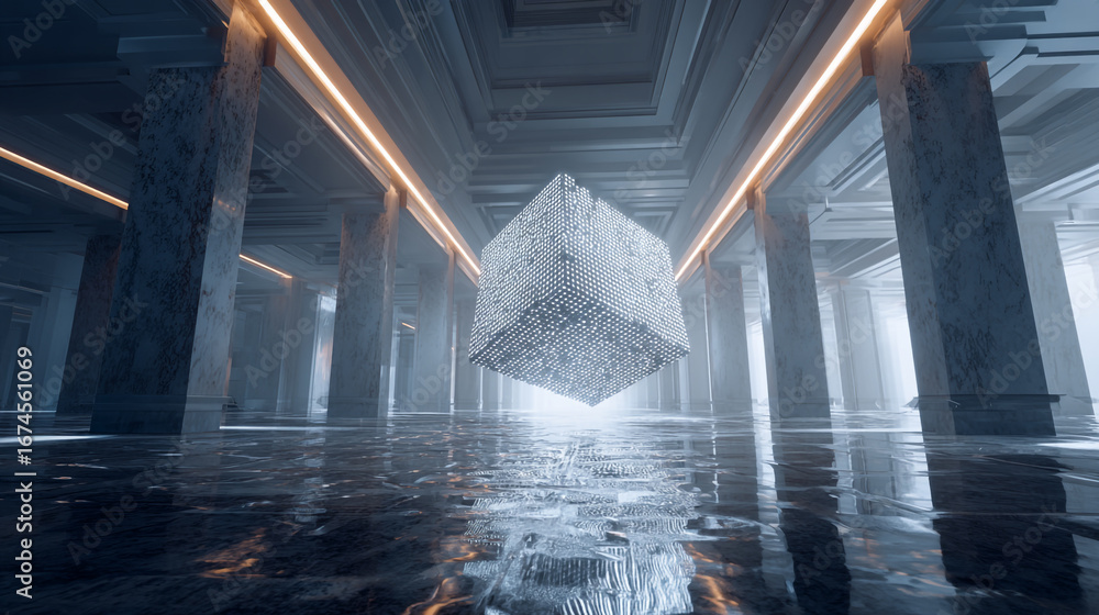 Poster floating voxel data cube rotating in a hyperscale hall with reflective surfaces and atmospheric ligh