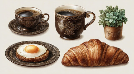 Vintage collection of retro elements, breakfast with a cup of coffee and a croissant
