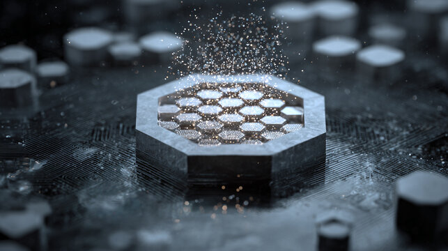 Hyperscale Technology Concept with Levitating Hexagonal Microservices on a Bay Surface in an Abstract Futuristic Setting
