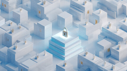 Futuristic Data Security Concept with Hovering Padlocks in a Hyperscale Hall Surrounded by Layered Data Structures