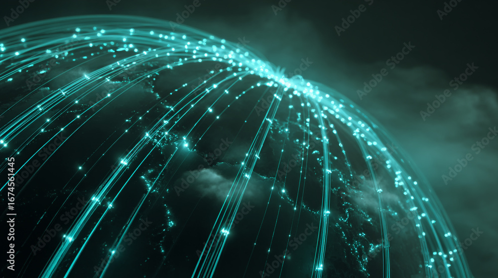 Poster aerial view of a glowing network connecting a digital globe in an industrial bunker environment
