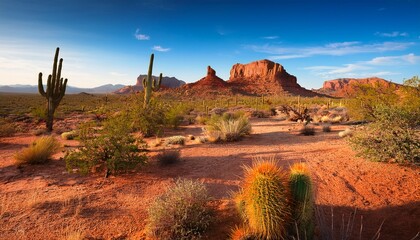 vast desert landscape with striking rock formations and cacti