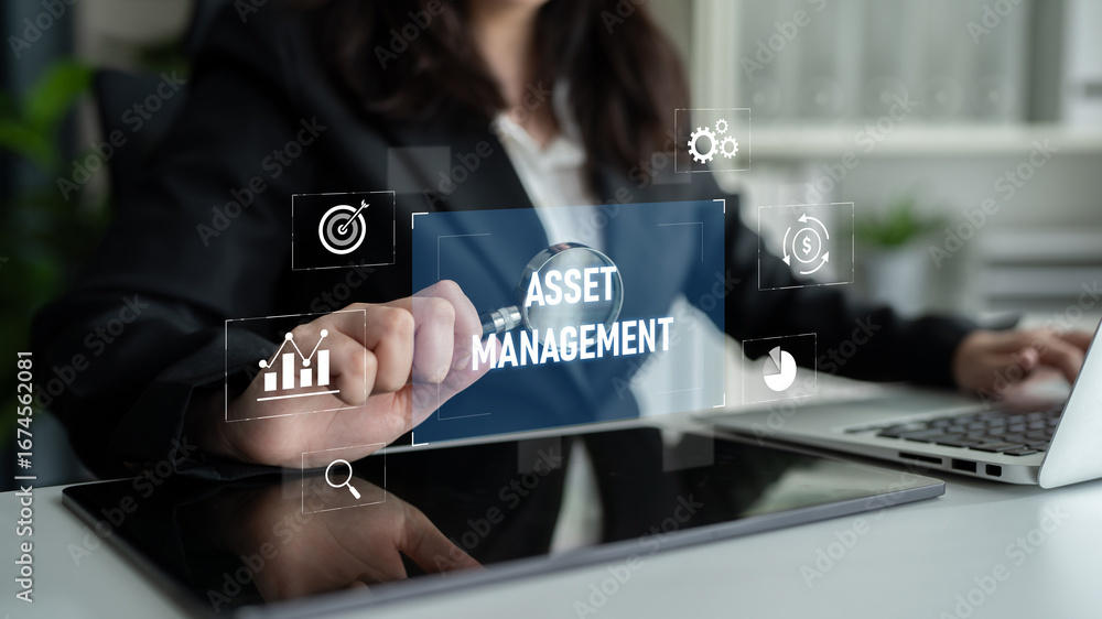 Poster asset management system showing investment planning, financial goal tracking, roi analysis, and perf