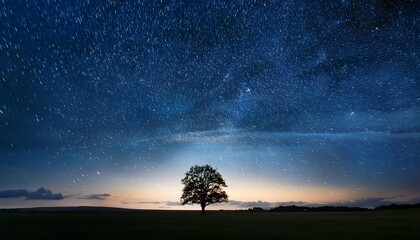 a lone tree stands in the middle of a field under a starr sky