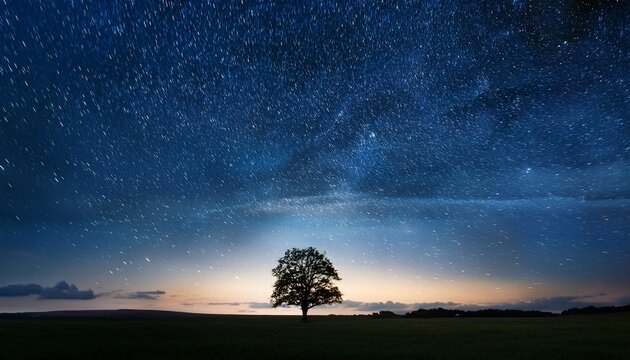 a lone tree stands in the middle of a field under a starr sky