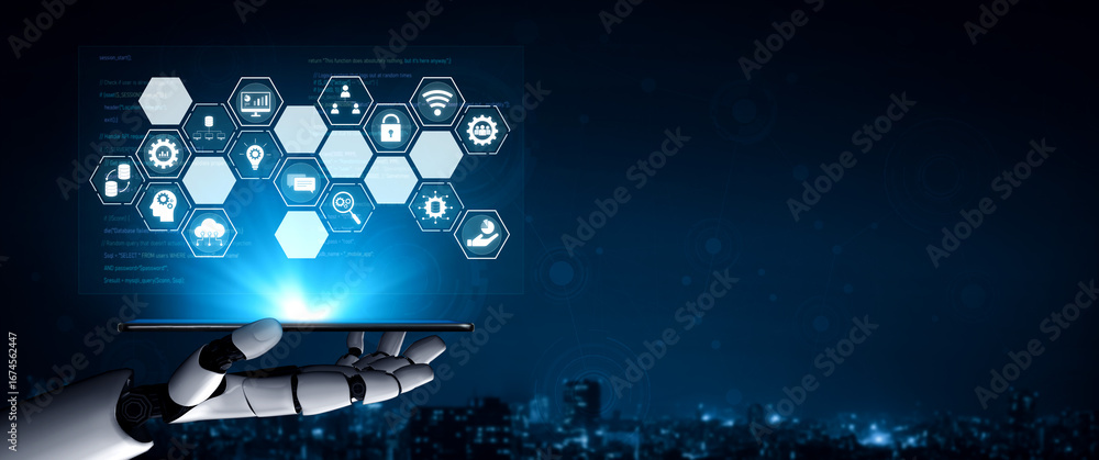 Poster ai managing integrated business system, analyzing data, securing digital infrastructure, connecting 