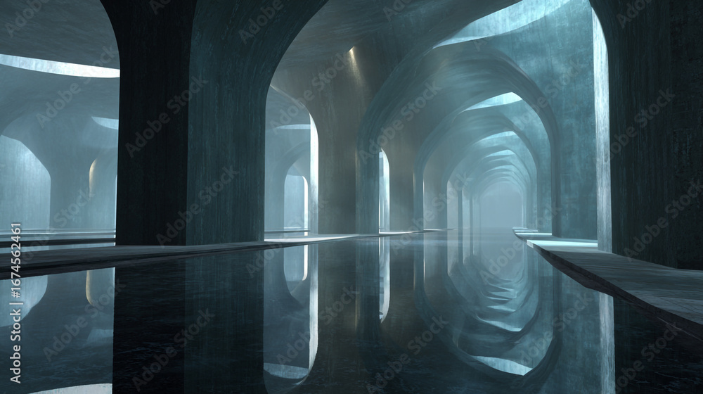 Poster serene architectural scene of a long aisle with reflective surface and soft light creating an ethere