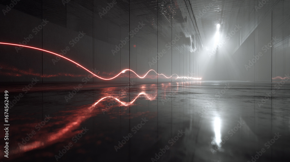 Poster long aisle with hovering drift monitor and alert curve in a dimly lit environment featuring reflecti