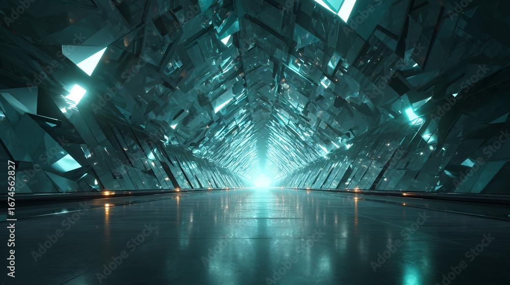 Poster futuristic perspective of a holographic tunnel filled with prism shards illuminated by pulsating lig