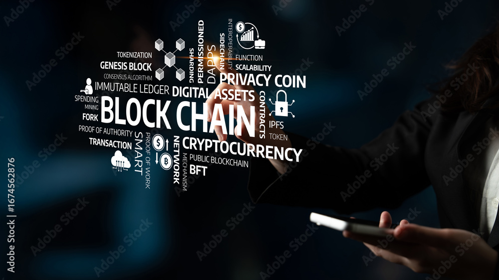 Poster engaging visual representation of blockchain technology featuring key terms like cryptocurrency, tok