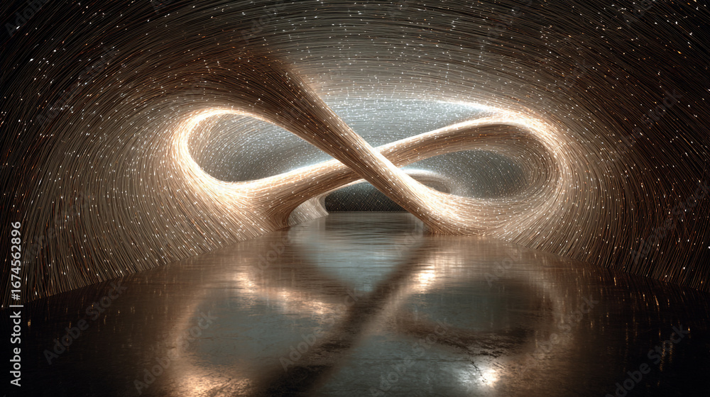 Poster ethereal tunnel of light with infinity loop design and stellar background creating a sense of depth 