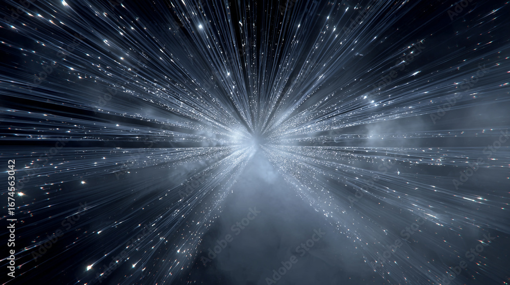 Poster futuristic long tunnel with hovering light effects and vector arrows depicting clustering motion thr