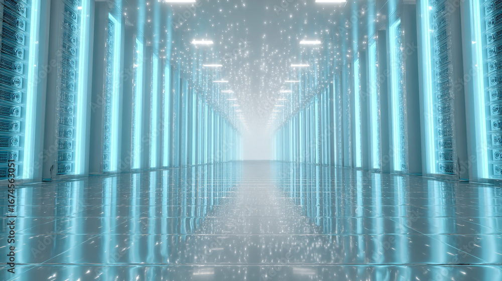 Poster futuristic server room with long aisle and hovering lights over sleek database columns in a high-tec