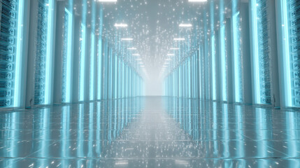 Futuristic Server Room with Long Aisle and Hovering Lights Over Sleek Database Columns in a High-Tech Environment