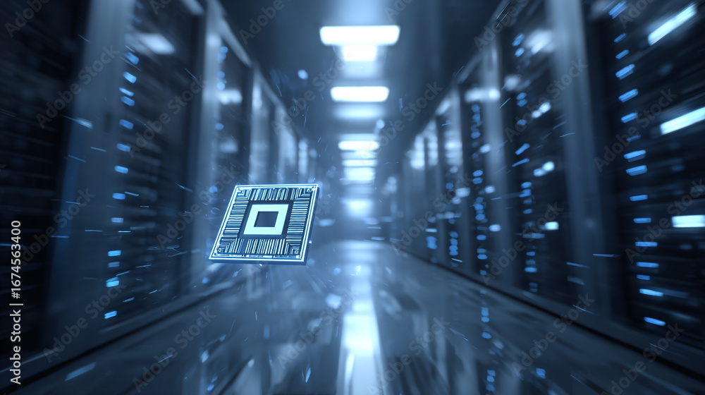 Poster low angle hero shot of a levitating microchip icon in a futuristic server room with glowing elements