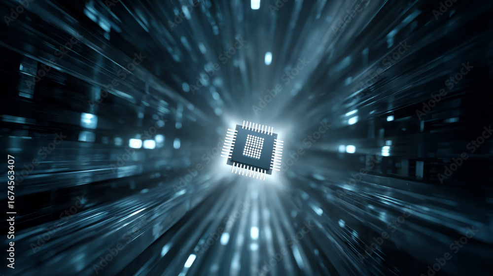 Poster low angle hero shot of levitating microchip surrounded by abstract light trails in futuristic enviro