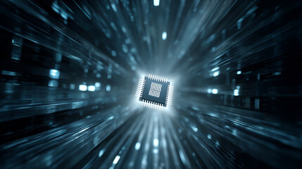 Low Angle Hero Shot of Levitating Microchip Surrounded by Abstract Light Trails in Futuristic Environment
